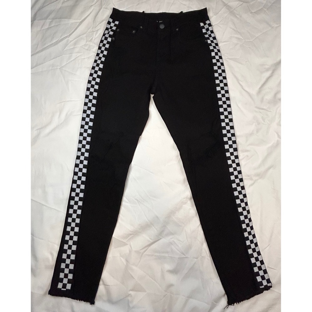 Carmar Black Checkered Stripe Skinny Jeans Distressed Denim Women's Size 28